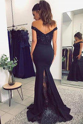 Lace Mermaid V-neck Off Shoulder Prom Dresses with Appliques, Evening Gowns